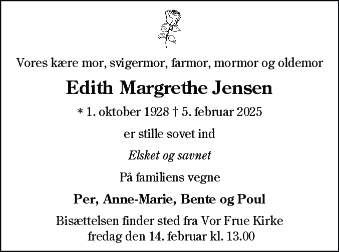 Dødsannonce for Edith Margrethe Jensen