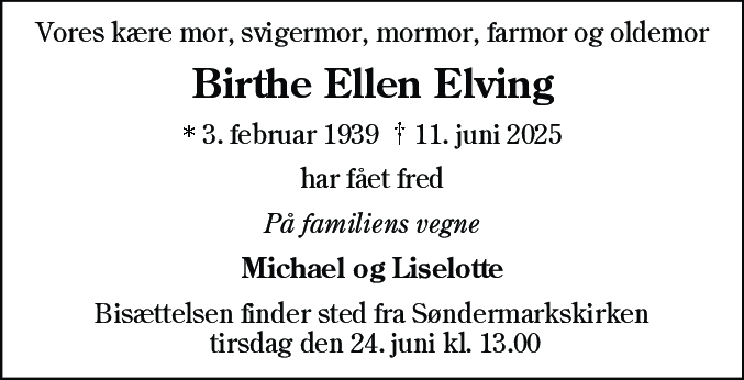 Dødsannonce for Birthe Ellen Elving