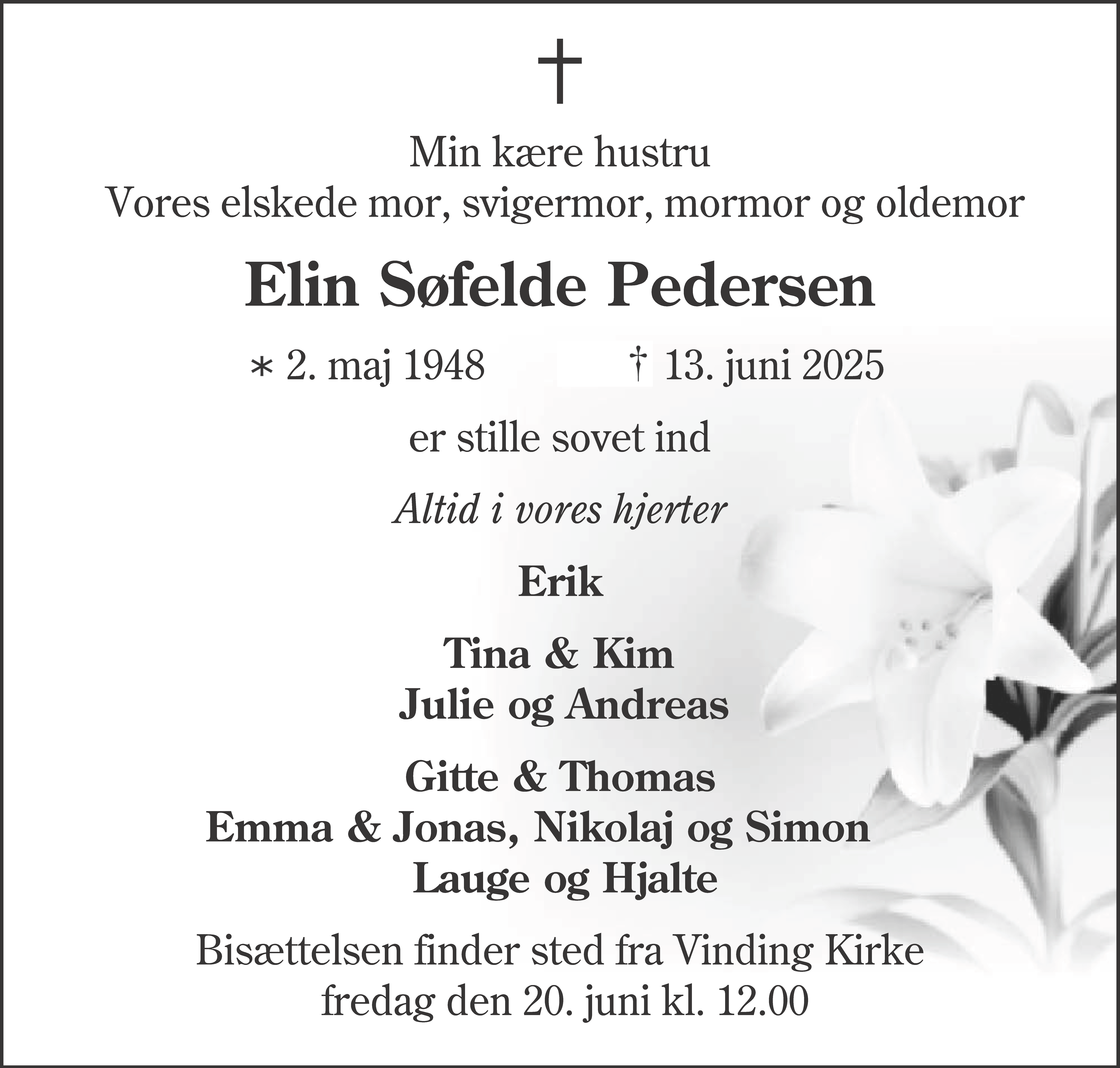 Dødsannonce for Elin Søfelde Pedersen