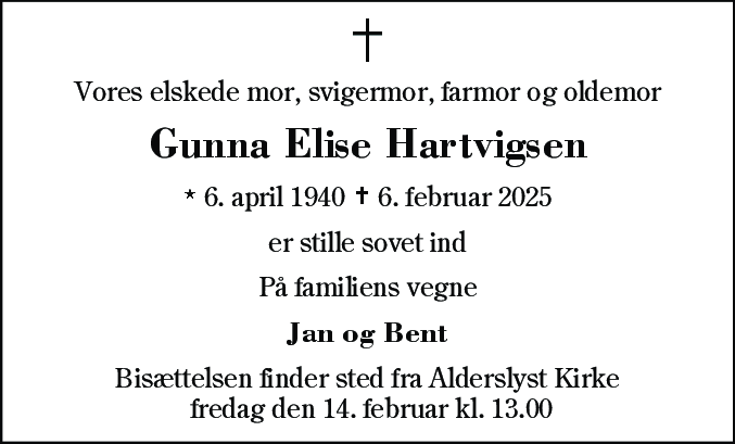 Dødsannonce for Gunna Elise Hartvigsen