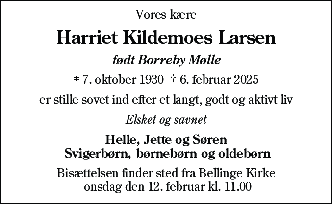 Dødsannonce for Harriet Kildemoes Larsen