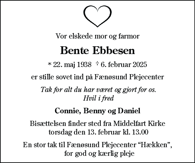 Dødsannonce for Bente Ebbesen