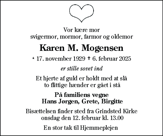 Dødsannonce for Karen Martine Mogensen