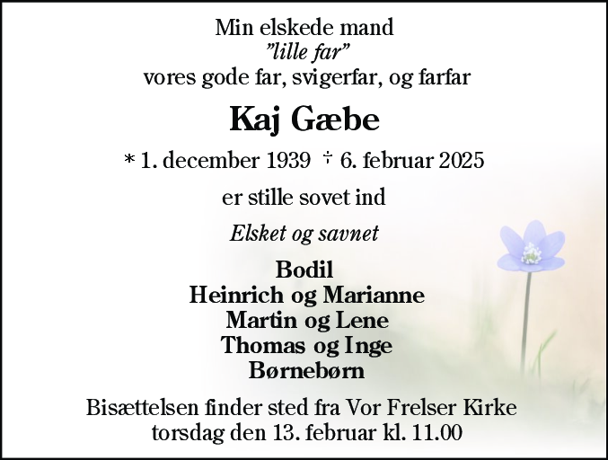 Dødsannonce for Kaj Gæbe