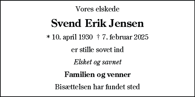 Dødsannonce for Svend Erik Jensen
