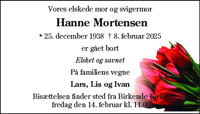 Dødsannonce for Nina Hanne Mortensen