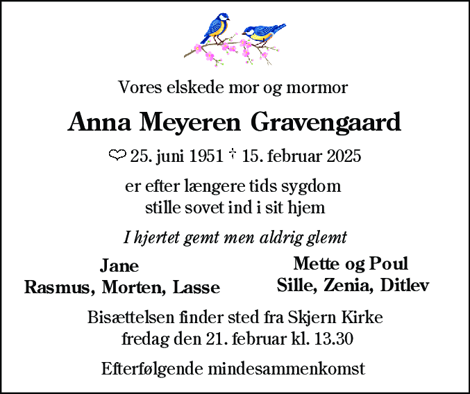 Dødsannonce for Anna Meyeren Gravengaard