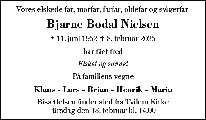 Dødsannonce for Bjarne Bodal Nielsen