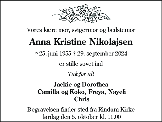 Dødsannonce for Anna Kristine Nikolajsen