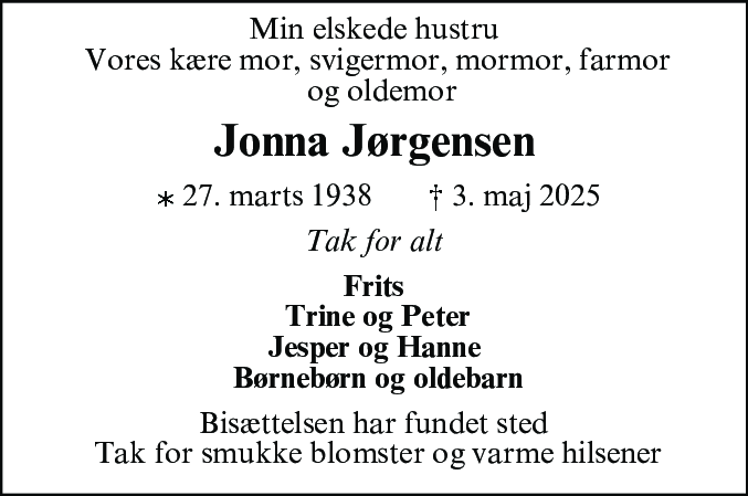 Dødsannonce for Jonna Jørgensen