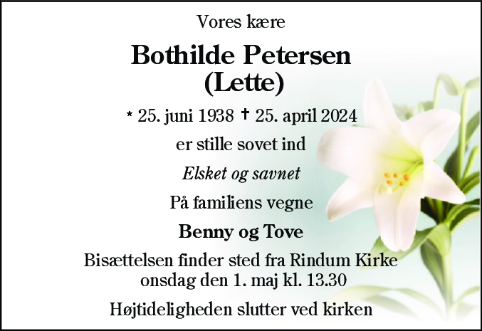 Dødsannonce for Bothilde Petersen