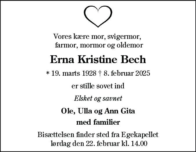 Dødsannonce for Erna Kristine Bech