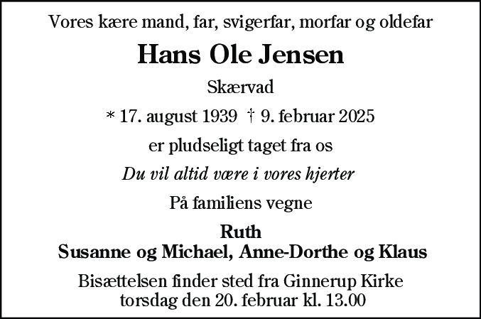 Dødsannonce for Hans Ole Jensen