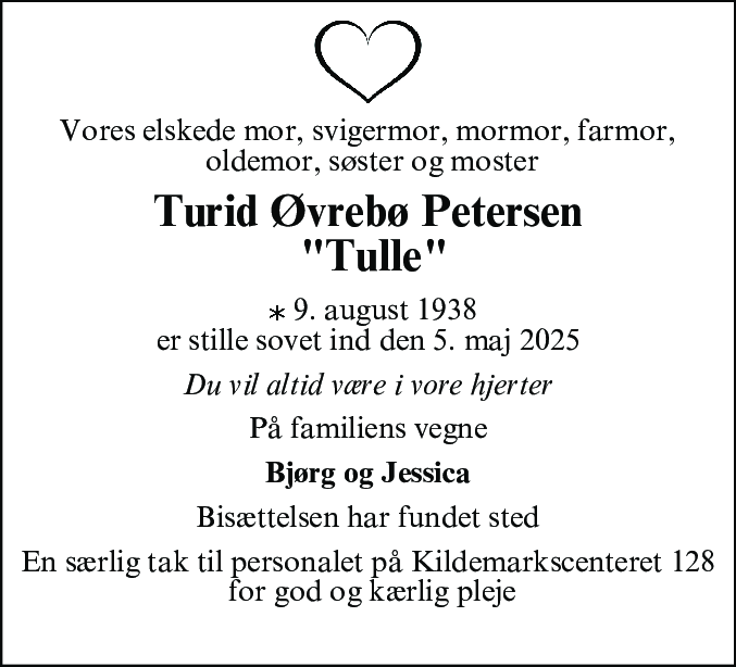 Dødsannonce for Turid Petersen