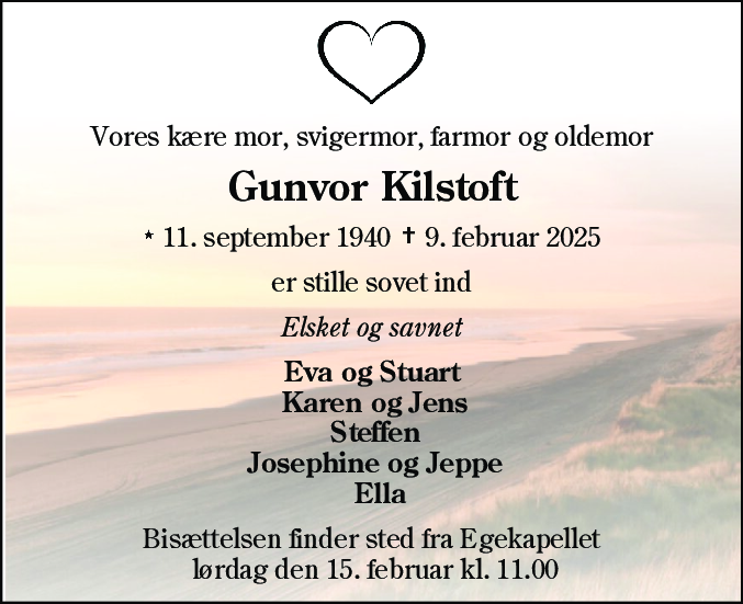 Dødsannonce for Gunvor Kilstoft