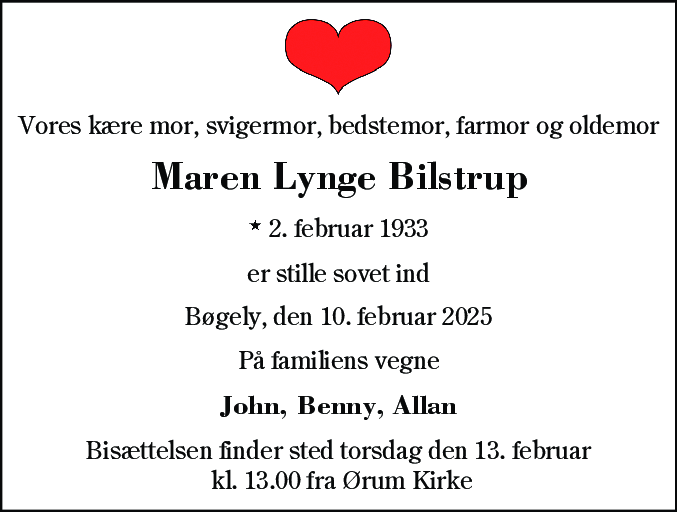 Dødsannonce for Maren Lynge Bilstrup
