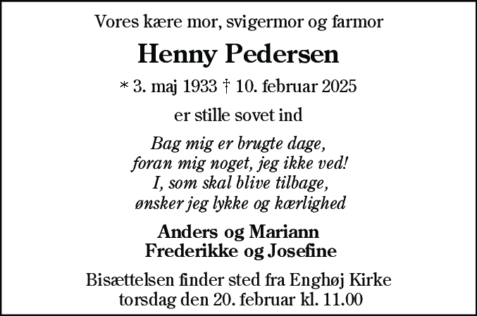 Dødsannonce for Henny Pedersen