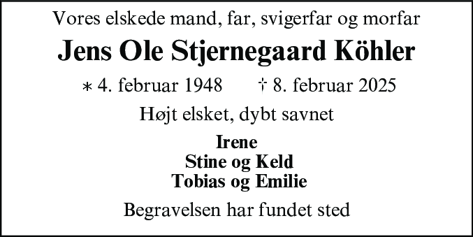 Dødsannonce for Jens Ole Stjernegaard Köhler