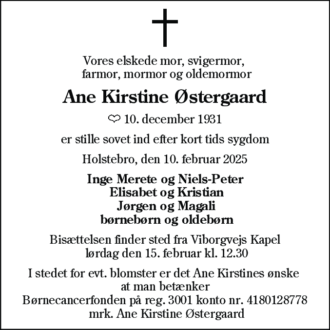 Dødsannonce for Ane Kirstine Østergaard