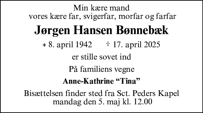 Dødsannonce for Jørgen Hansen Bønnebæk