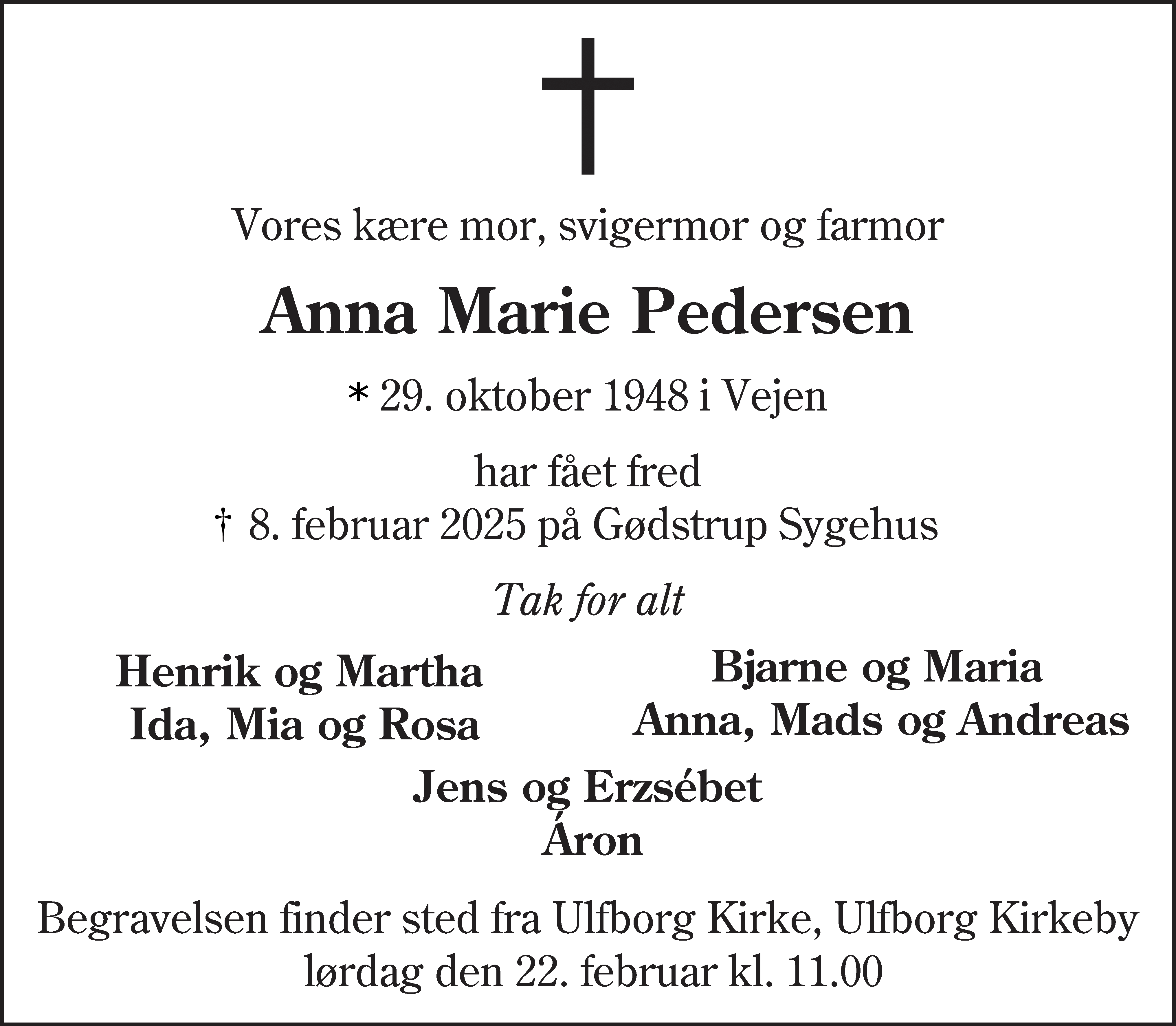 Dødsannonce for Anna Marie Pedersen