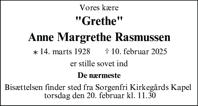 Dødsannonce for Anne Margrethe Rasmussen