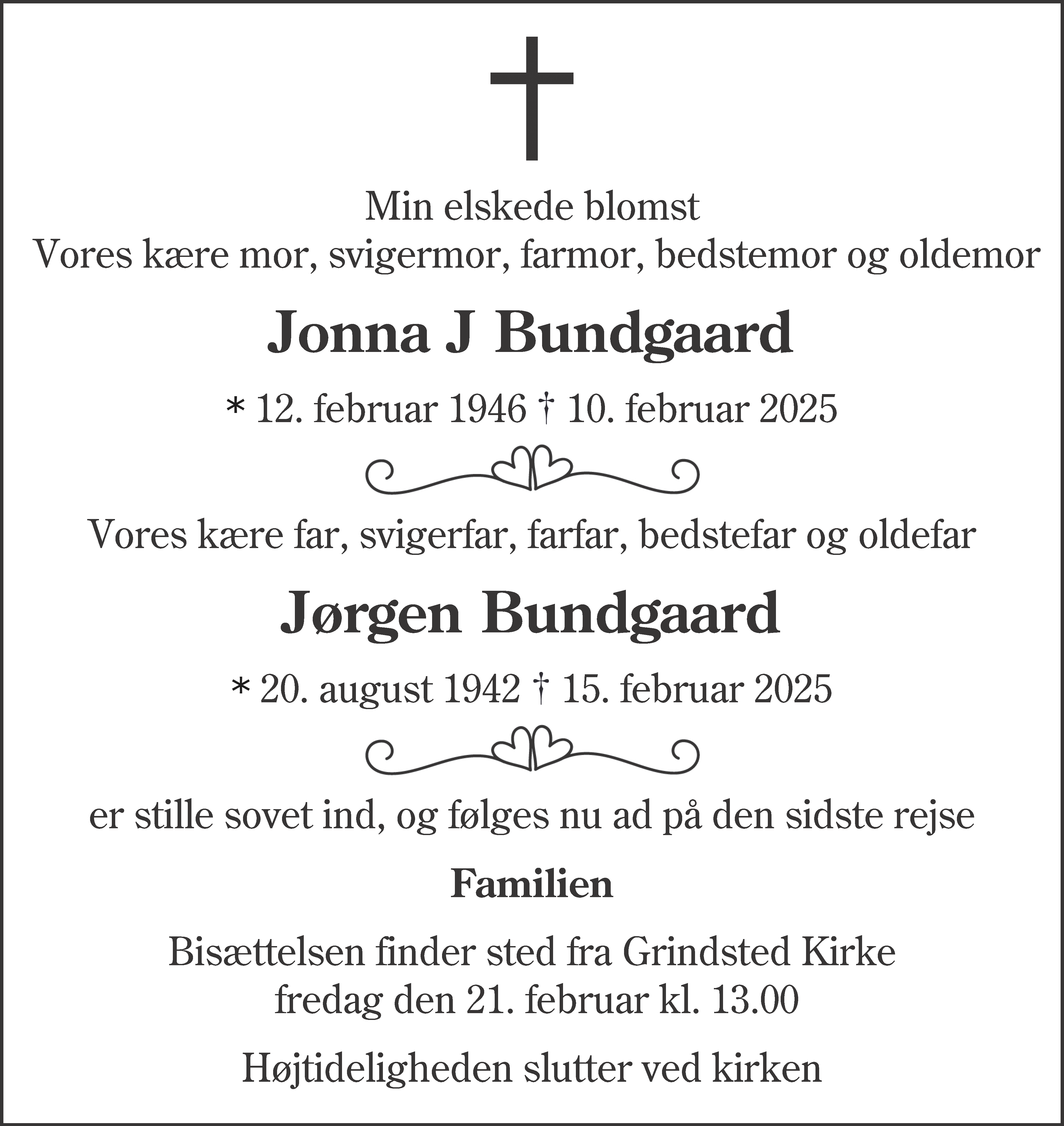 Dødsannonce for Jonna og Jørgen Bundgaard