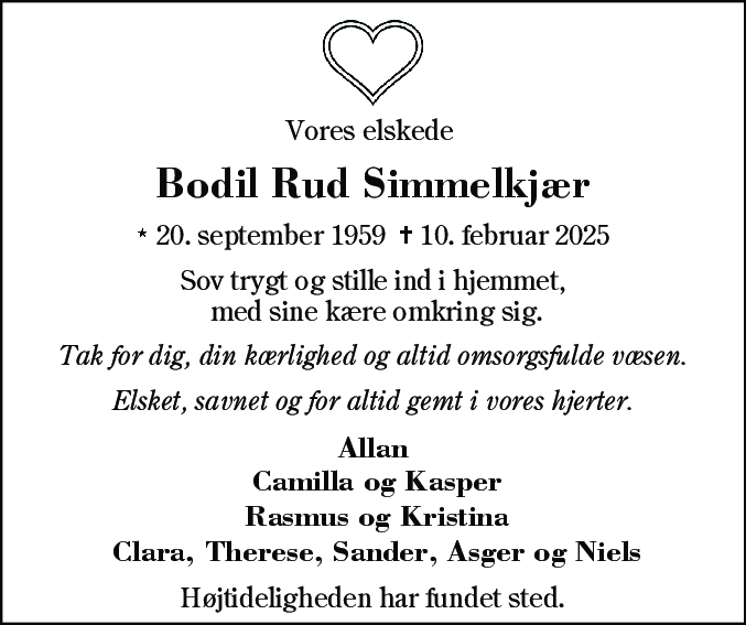 Dødsannonce for Bodil Simmelkjær