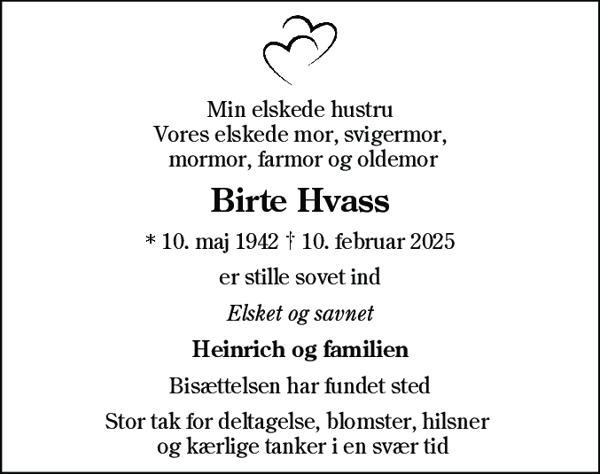 Dødsannonce for Birte Hvass