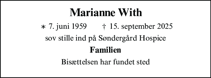 Dødsannonce for Marianne Birgitte With