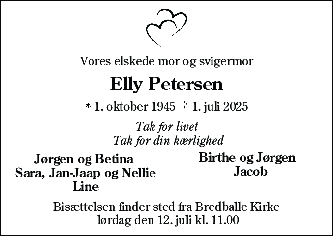 Dødsannonce for Elly Petersen