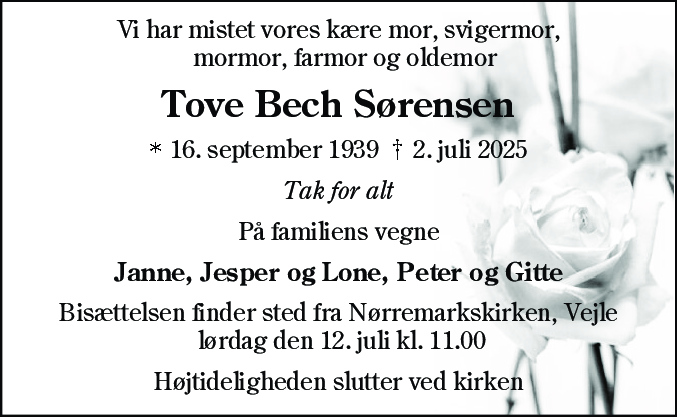 Dødsannonce for Tove Bech Sørensen