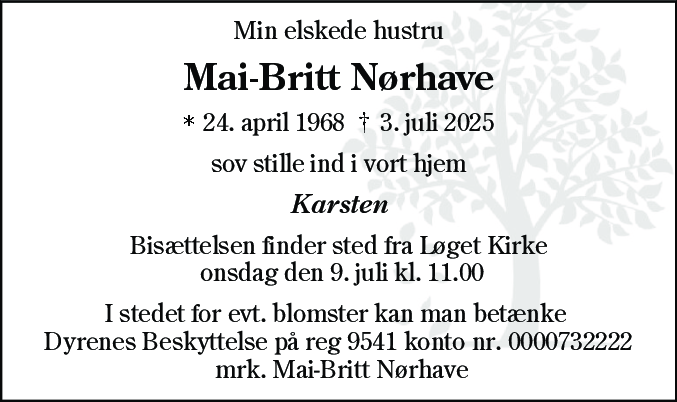 Dødsannonce for Mai-Britt Nørhave