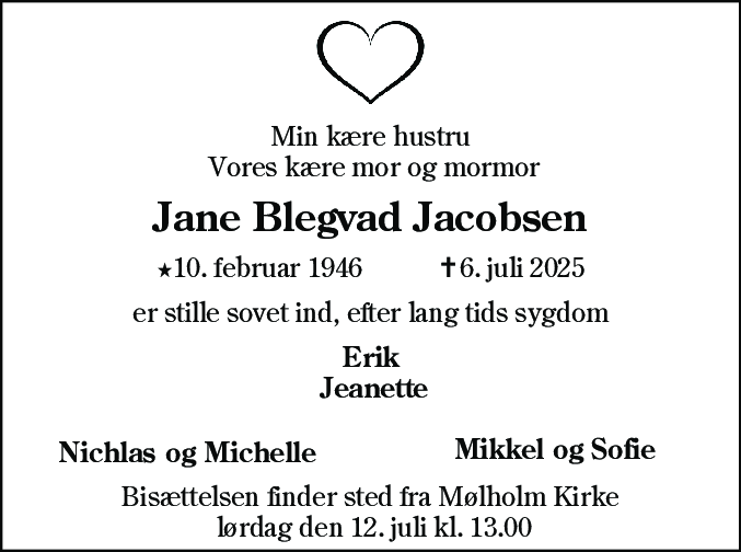 Dødsannonce for Jane Blegvad Jacobsen