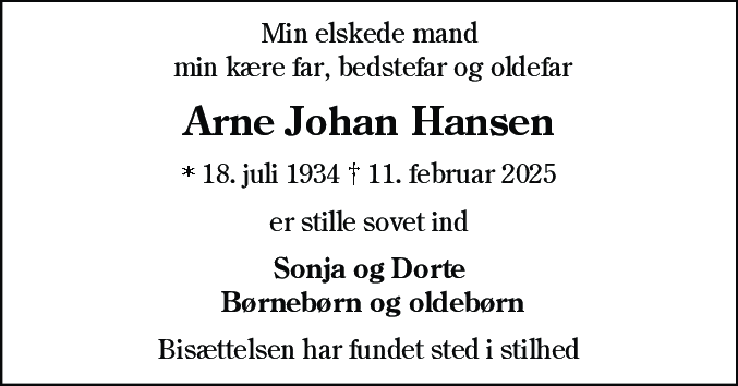 Dødsannonce for Arne Johan Hansen