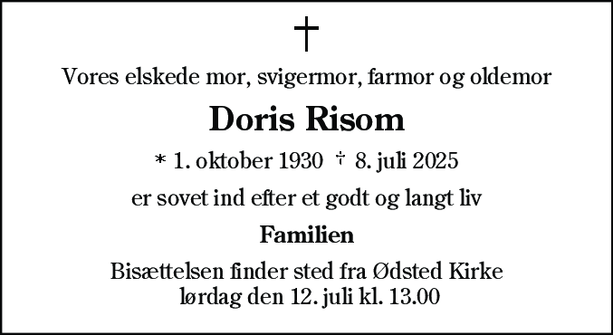 Dødsannonce for Doris Risom