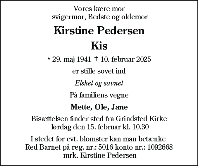 Dødsannonce for Kirstine Pedersen