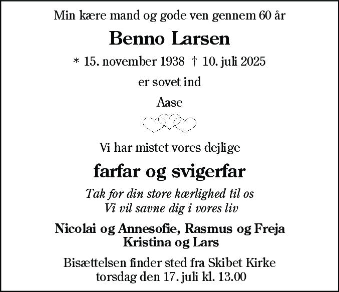 Dødsannonce for Benno Larsen