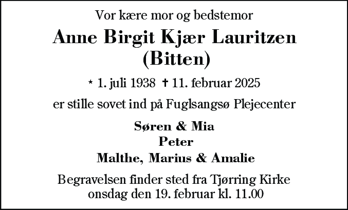 Dødsannonce for Anne Birgit Kjær Lauritzen