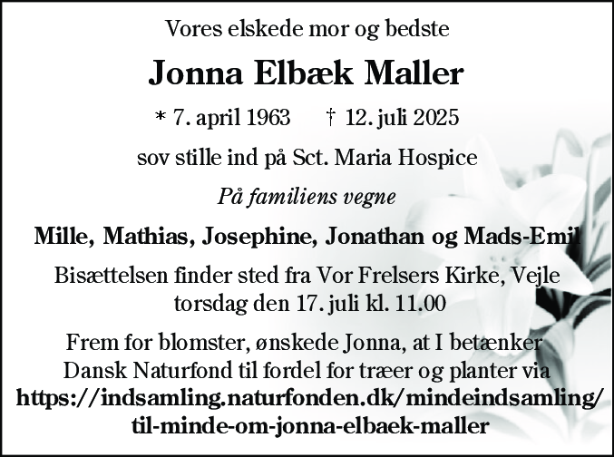 Dødsannonce for Jonna Elbæk Maller