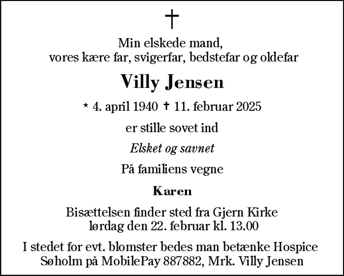 Dødsannonce for Villy Jensen