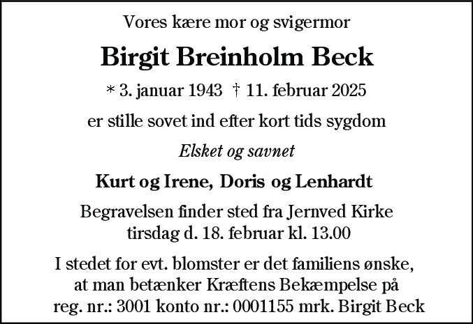 Dødsannonce for Birgit Breinholm Beck