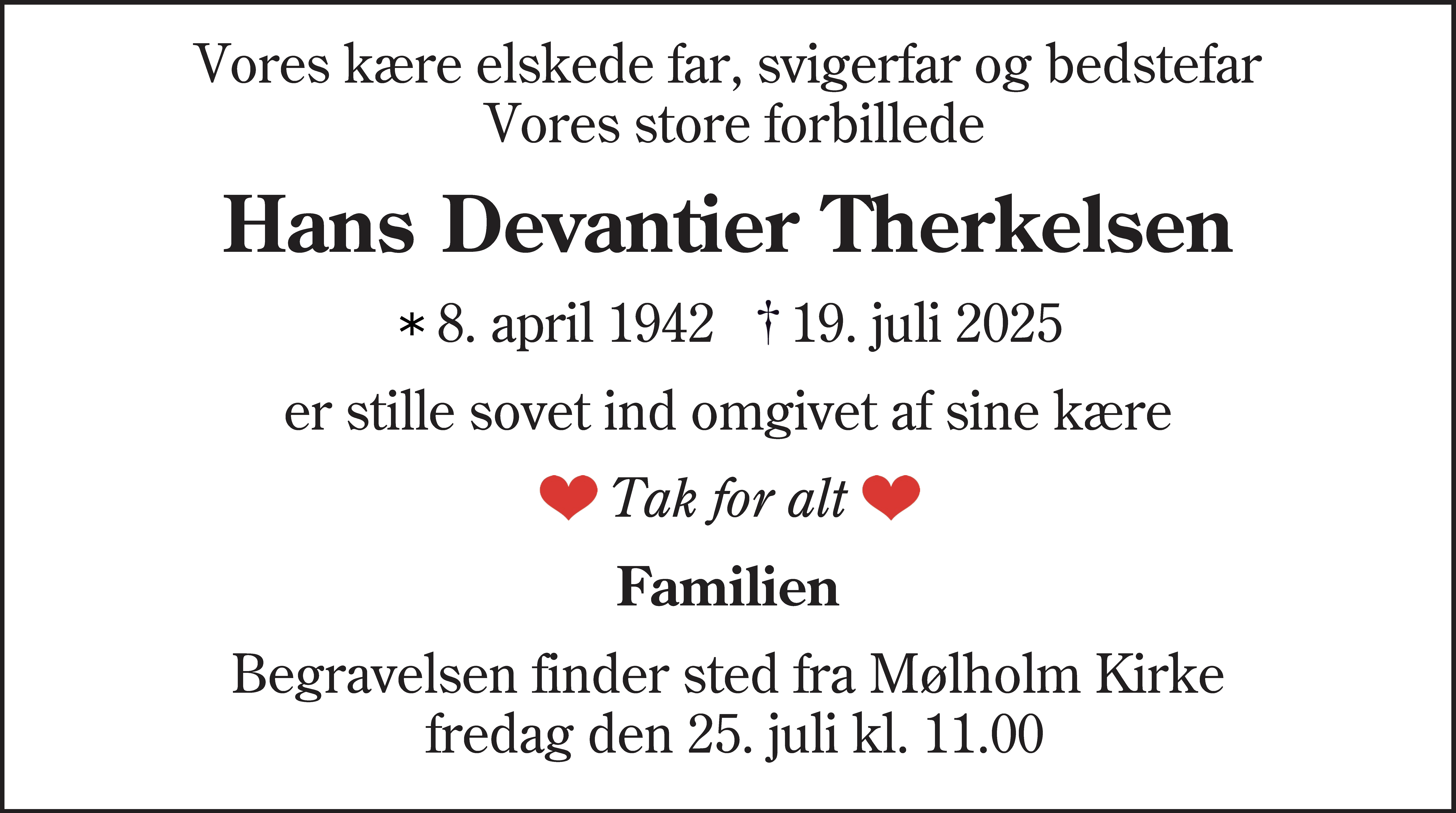 Dødsannonce for Hans Devantier Therkelsen