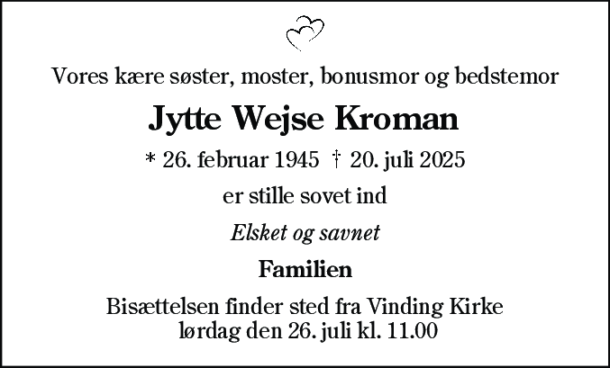 Dødsannonce for Jytte Wejse Kroman