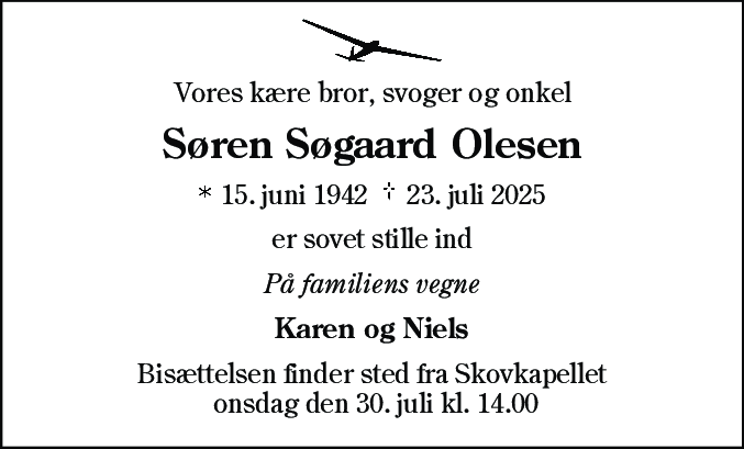 Dødsannonce for Søren Søgaard Olesen