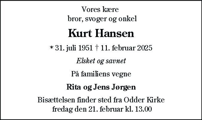 Dødsannonce for Kurt Hansen