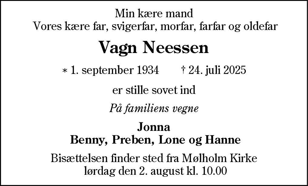 Dødsannonce for Vagn Neessen