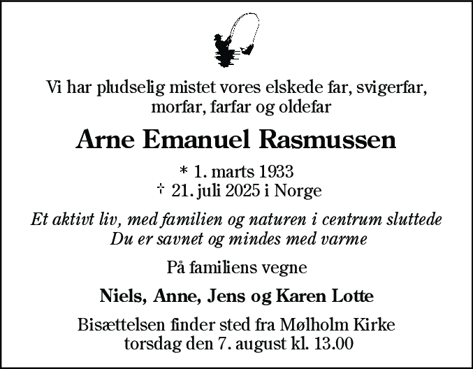 Dødsannonce for Arne Emanuel Rasmussen