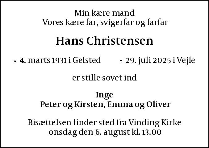Dødsannonce for Hans Christensen