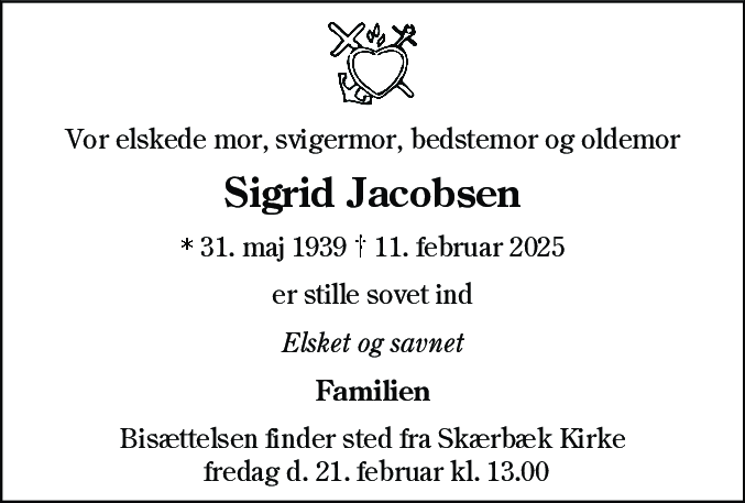 Dødsannonce for Sigrid Jacobsen